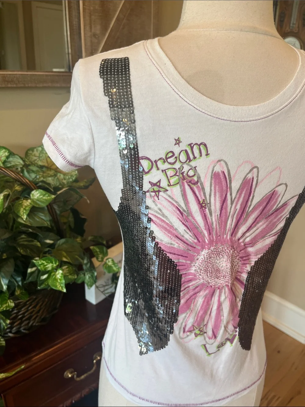 Justice Sequined White Tee Flower Dream Big